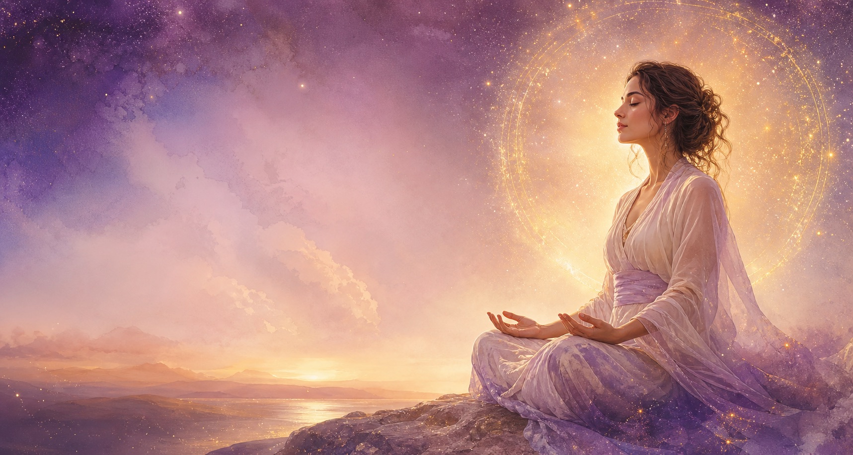 Femme méditant devant un halo cosmique doré dans un ciel violet