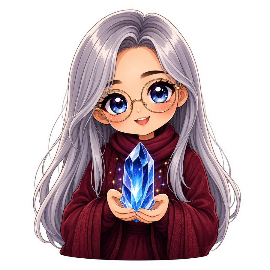 Avatar kawaii d’Aurélie tenant un cristal bleu lumineux