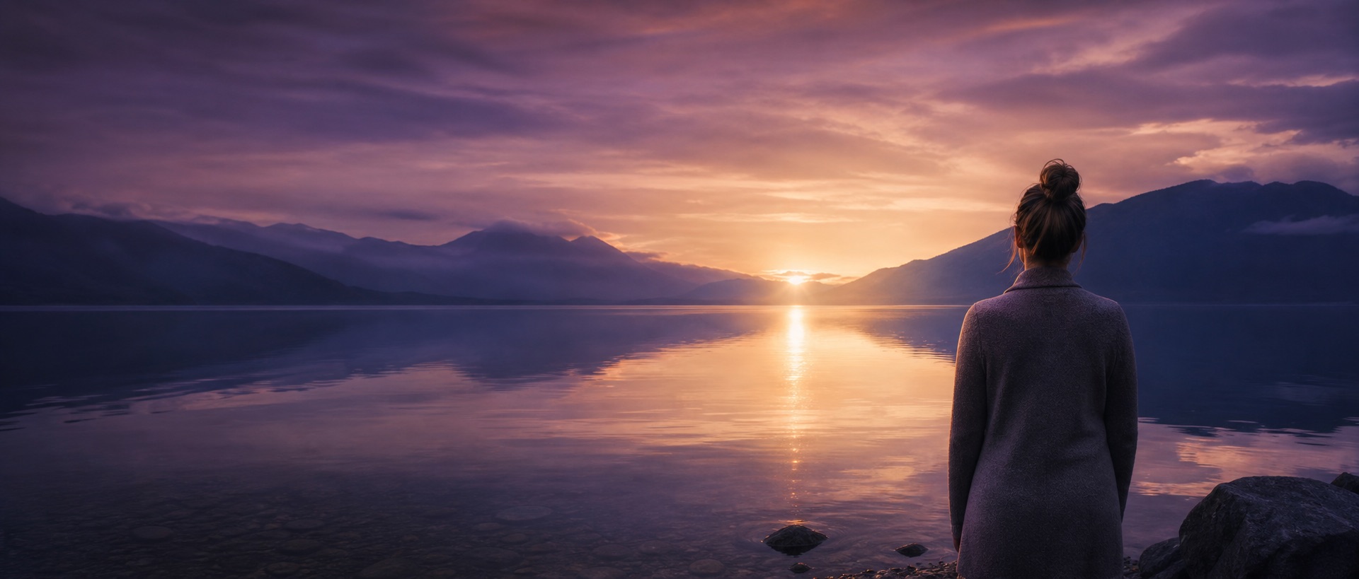 Silhouette de dos face à un lac baigné de lumière violette et dorée