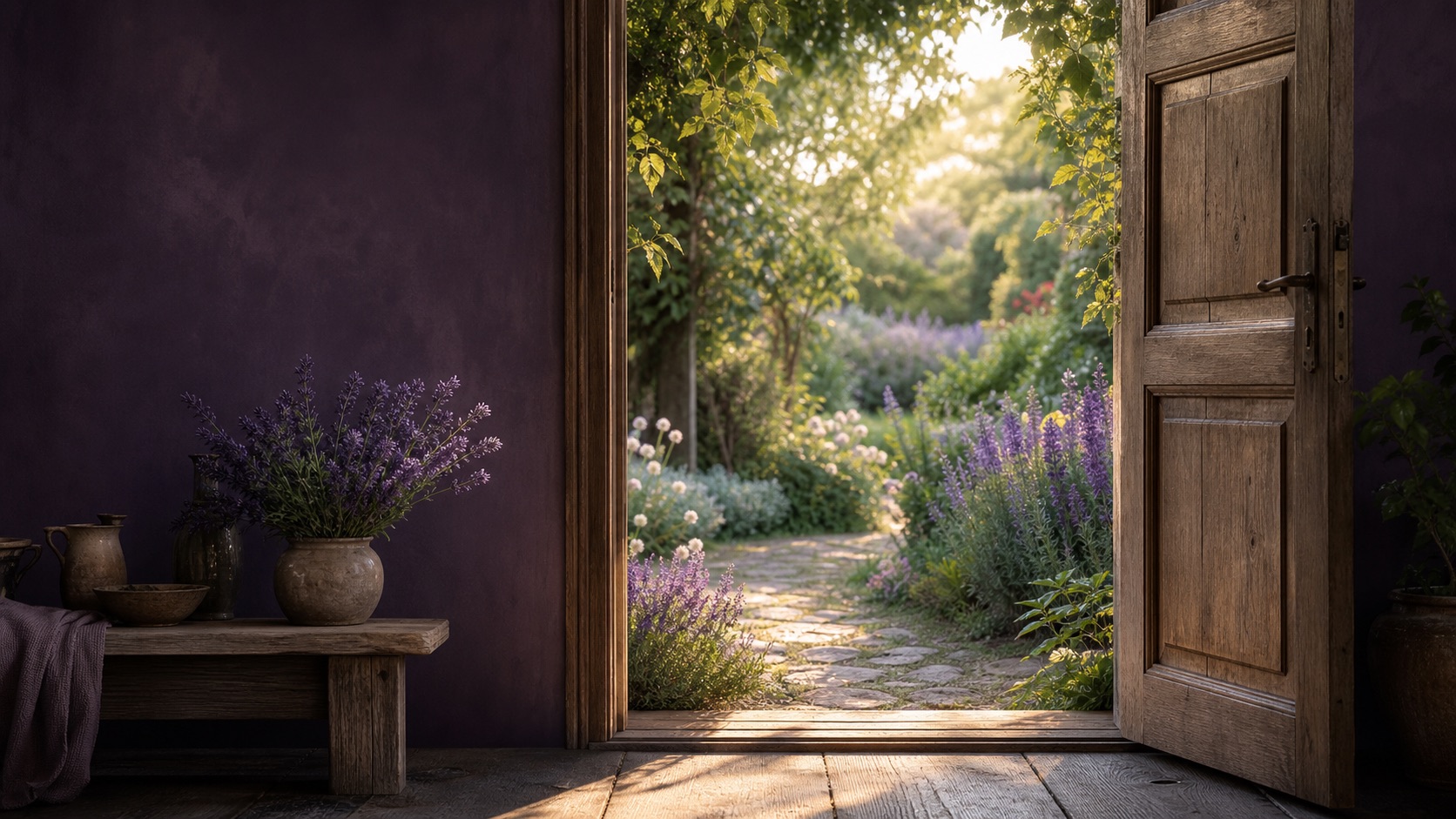 Porte ouverte sur un jardin lumineux bordé de lavande
